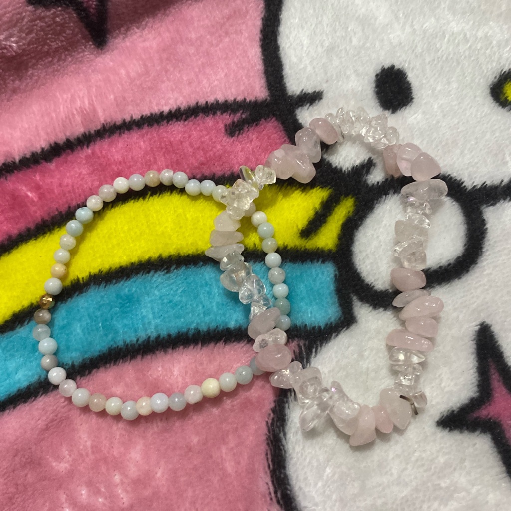 Pink And White Beaded Bracelet Crystal Rose Quartz And Clear Quartz Or Green Cry 14$